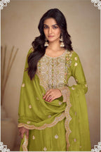 Green Chinon Silk Plazo Dress for Women with Embroidery