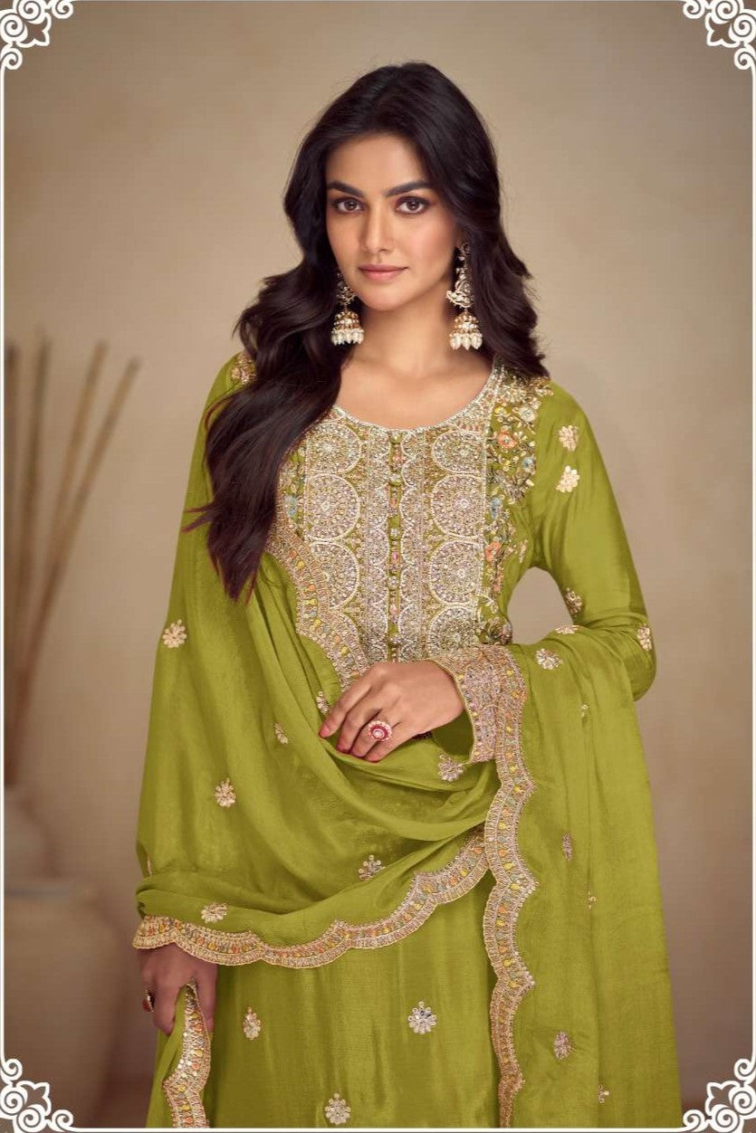 Green Chinon Silk Plazo Dress for Women with Embroidery