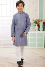 Levander Gray Art Silk 2 Piece Kids Wear Boys Suit Long Kurta Pajama for Kids for Festivals & Wedding - Embroidery Work