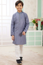 Levander Gray Art Silk 2 Piece Kids Wear Boys Suit Long Kurta Pajama for Kids for Festivals & Wedding - Embroidery Work