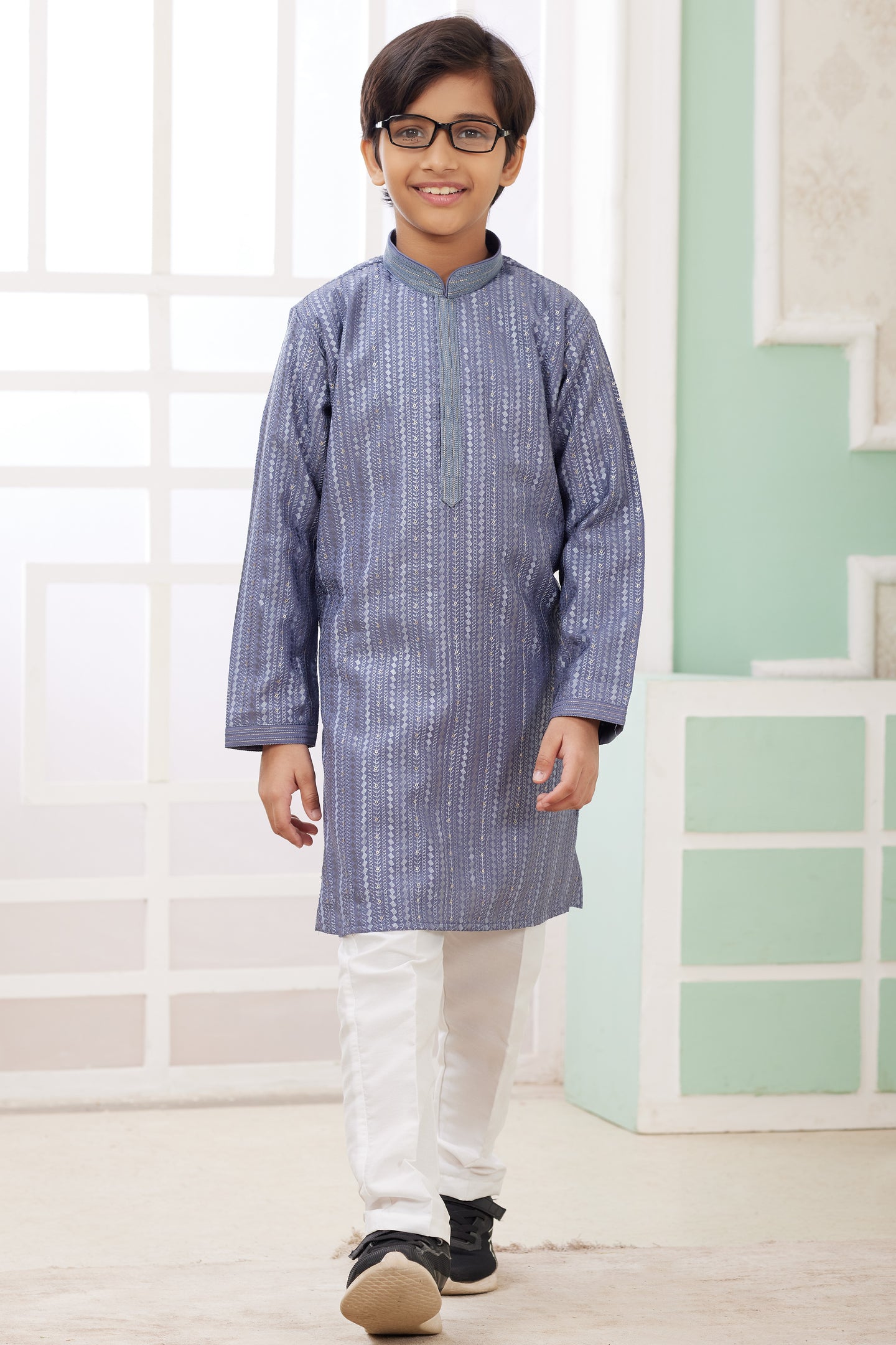 Levander Gray Art Silk 2 Piece Kids Wear Boys Suit Long Kurta Pajama for Kids for Festivals & Wedding - Embroidery Work