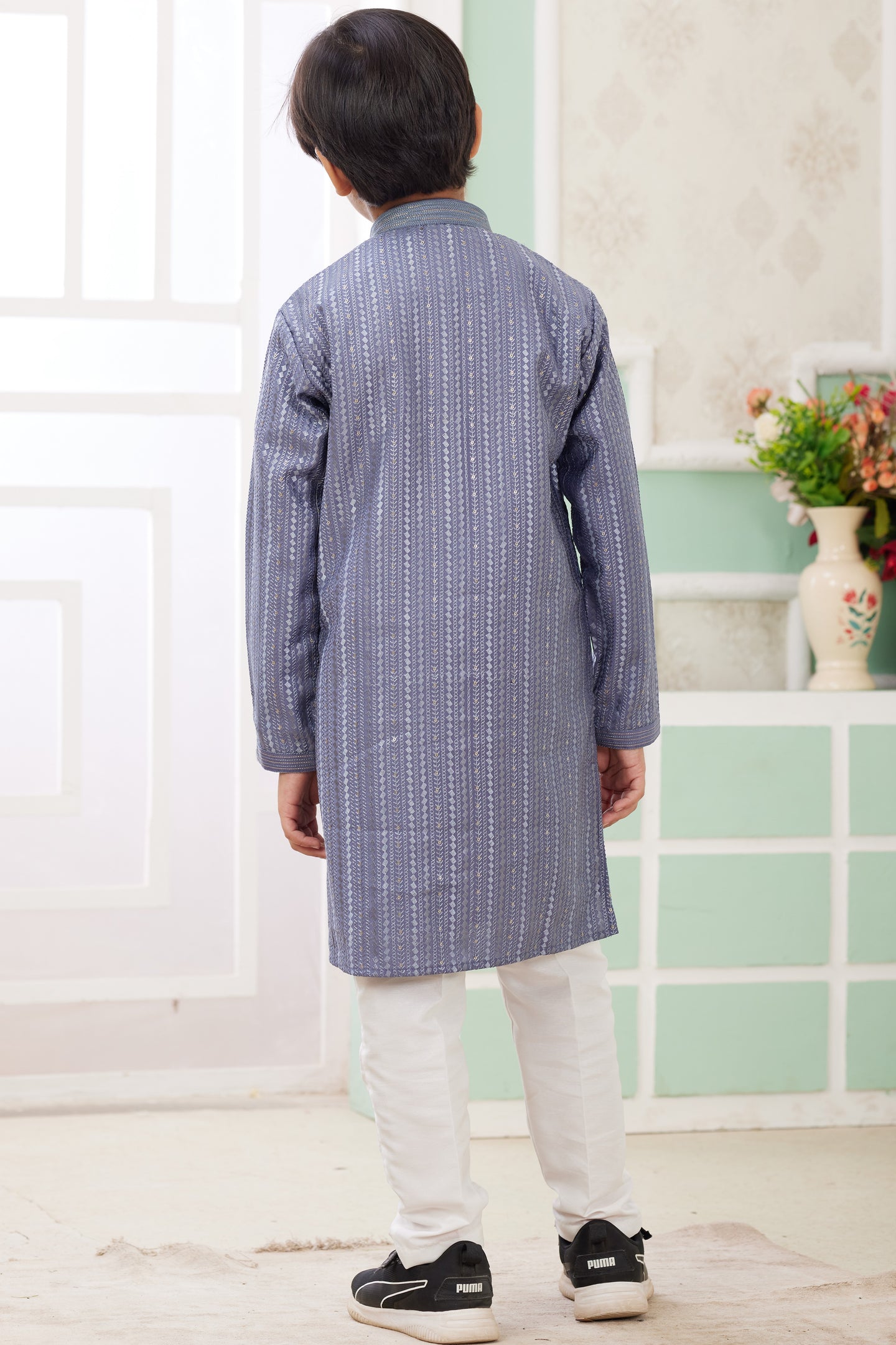 Levander Gray Art Silk 2 Piece Kids Wear Boys Suit Long Kurta Pajama for Kids for Festivals & Wedding - Embroidery Work