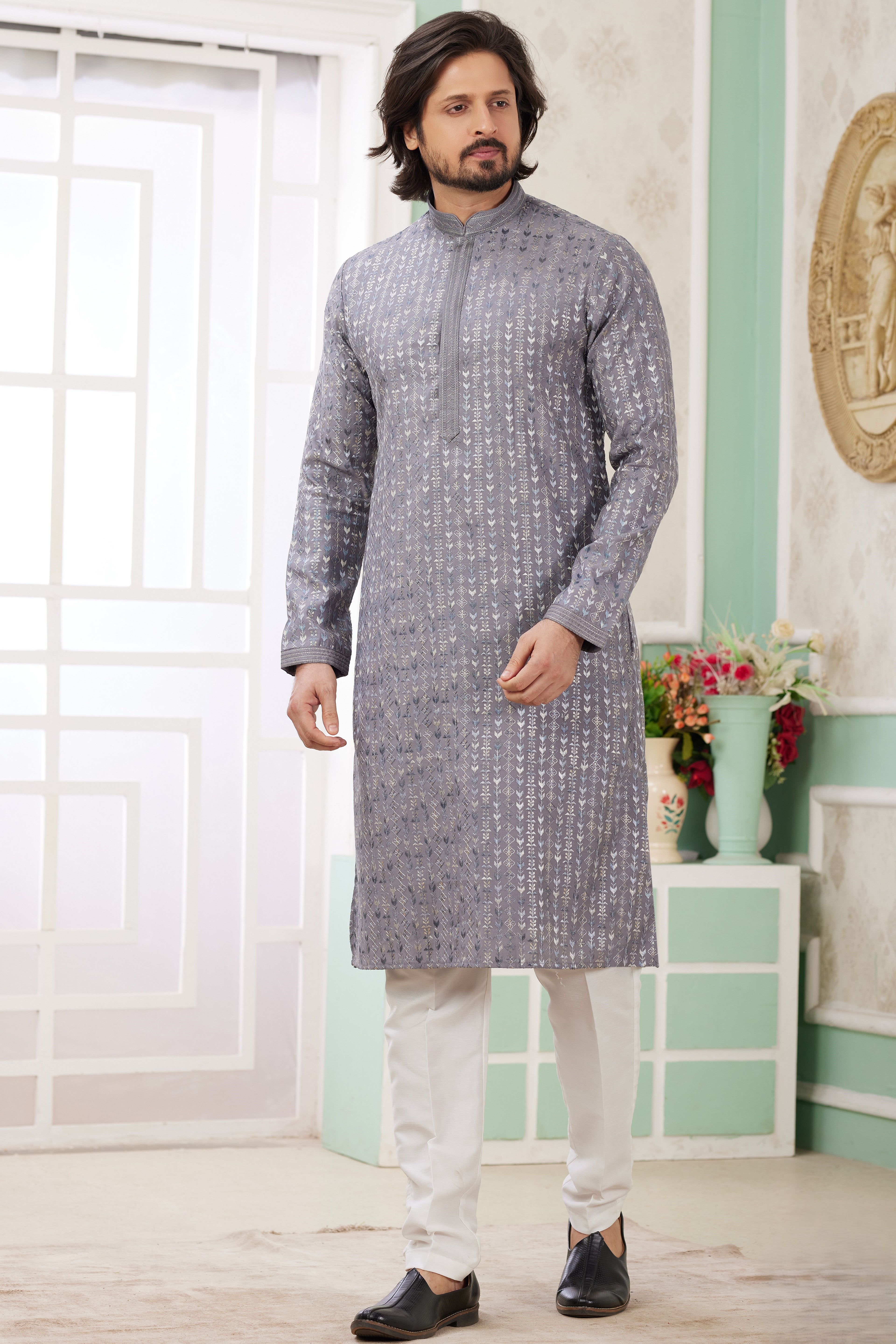 Levander Gray Art Silk Indo Western Traditional Sherwani Long Kurta & Pant Suit for Men for Wedding - Embrodery Work
