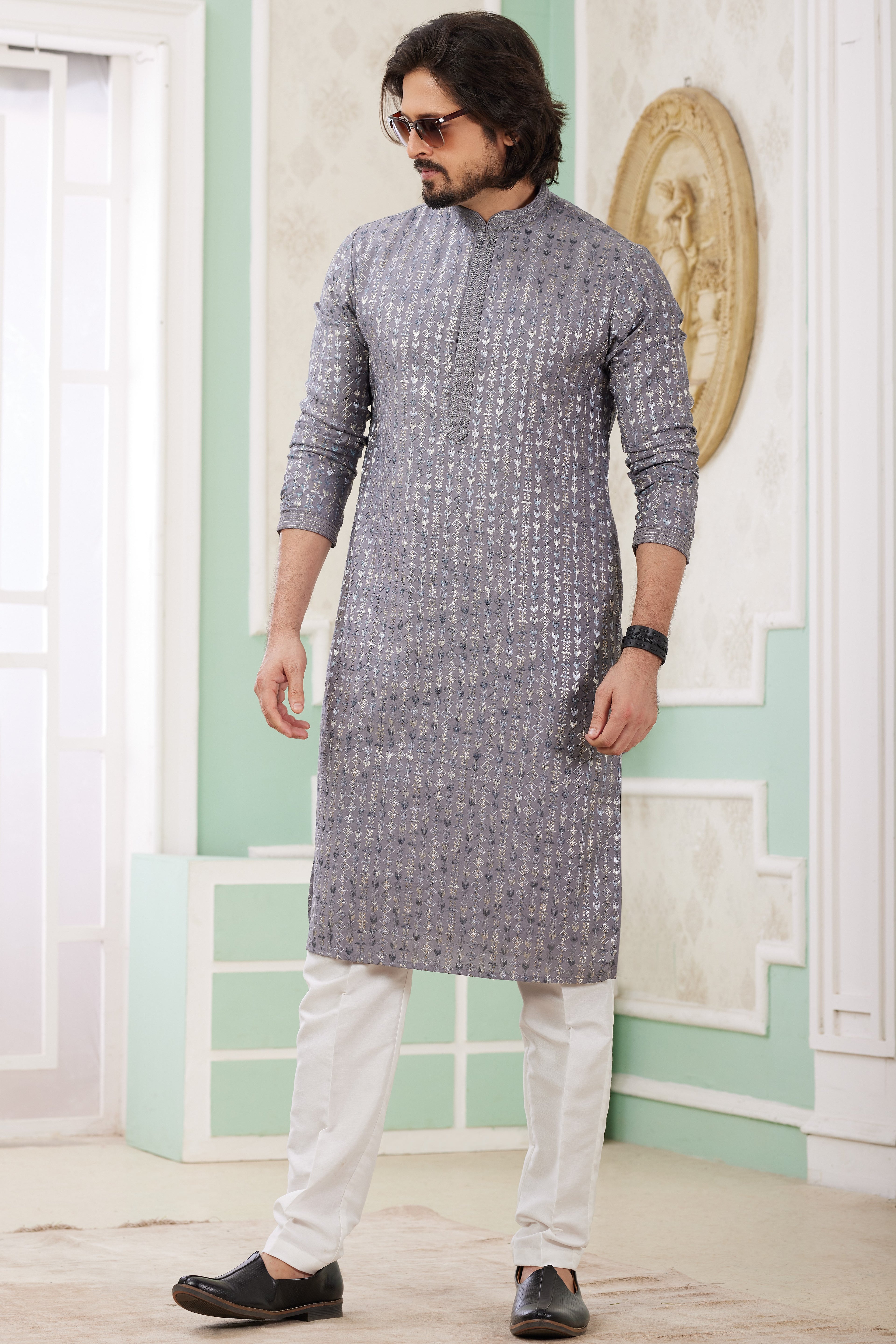 Levander Gray Art Silk Indo Western Traditional Sherwani Long Kurta & Pant Suit for Men for Wedding - Embrodery Work