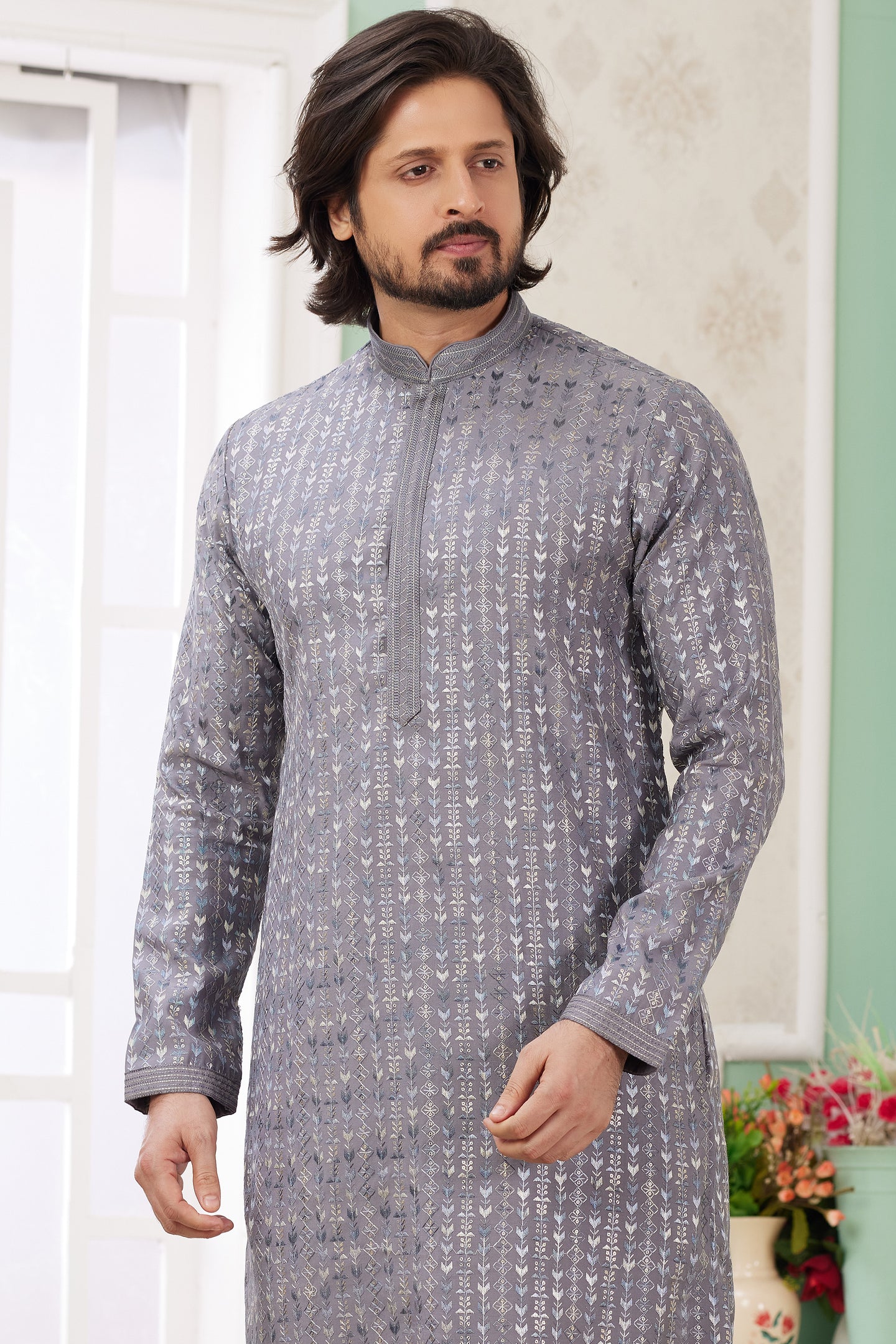 Levander Gray Art Silk Indo Western Traditional Sherwani Long Kurta & Pant Suit for Men for Wedding - Embrodery Work