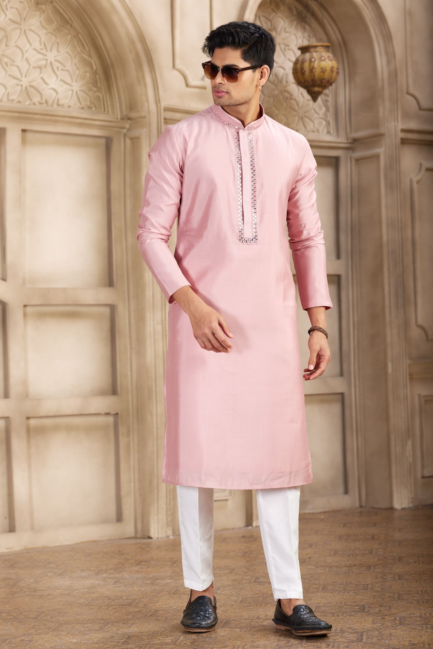 Light Baby Pink Art Silk Men's Kurta Pajama Set with Real Mirror Work