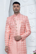 Light Baby Pink Art Silk Wedding Kurta for Men & Pajama Sherwani
