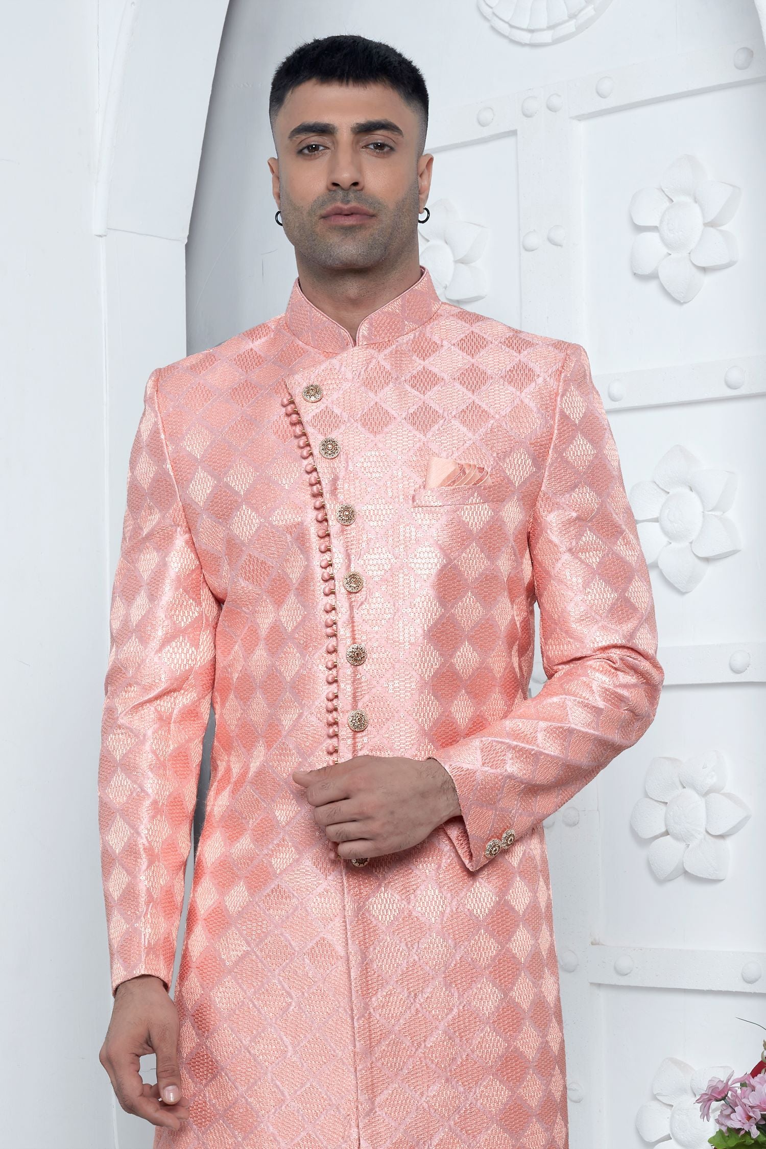 Light Baby Pink Art Silk Wedding Kurta for Men & Pajama Sherwani