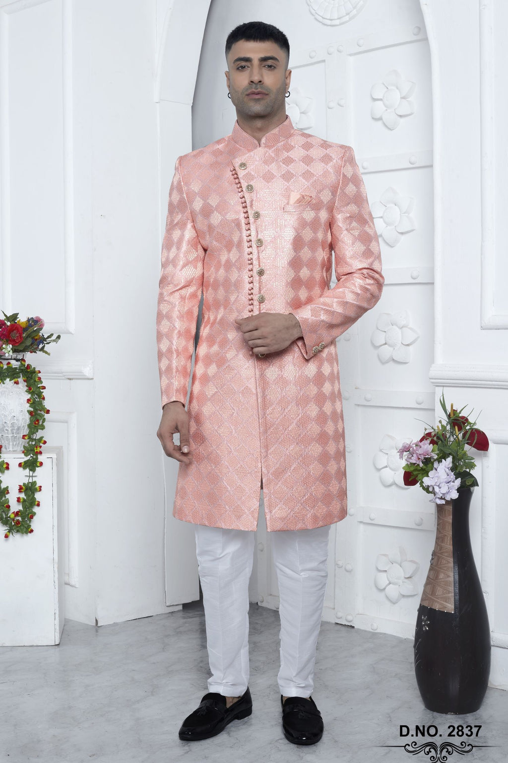 Light Baby Pink Art Silk Wedding Kurta for Men & Pajama Sherwani