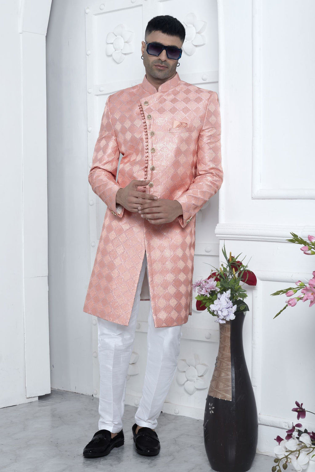 Light Baby Pink Art Silk Wedding Kurta for Men & Pajama Sherwani