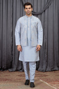 Light Blue Art Silk Kurta Mens Wear & Pajama with Embroidery Jacket
