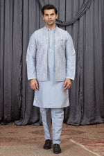 Light Blue Art Silk Kurta Mens Wear & Pajama with Embroidered Jacket
