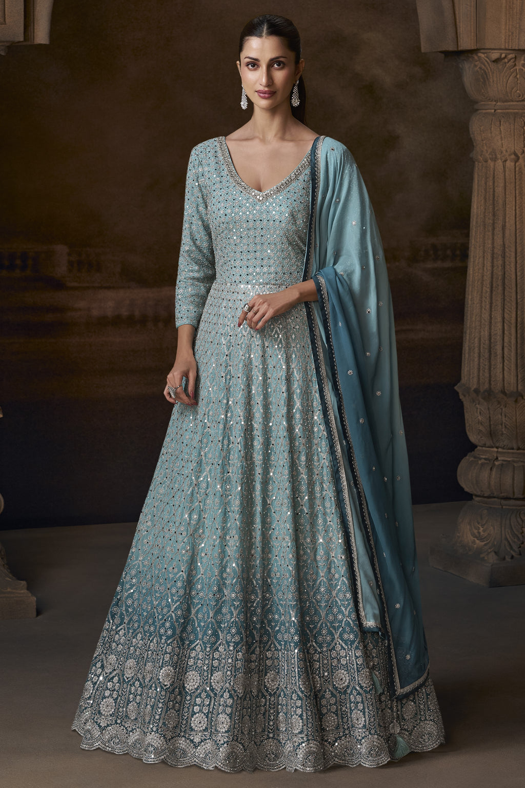 Light Blue Chinon Silk Anarkali Suit For Indian Festivals & Pakistani Weddings Dress - Embroidery Work