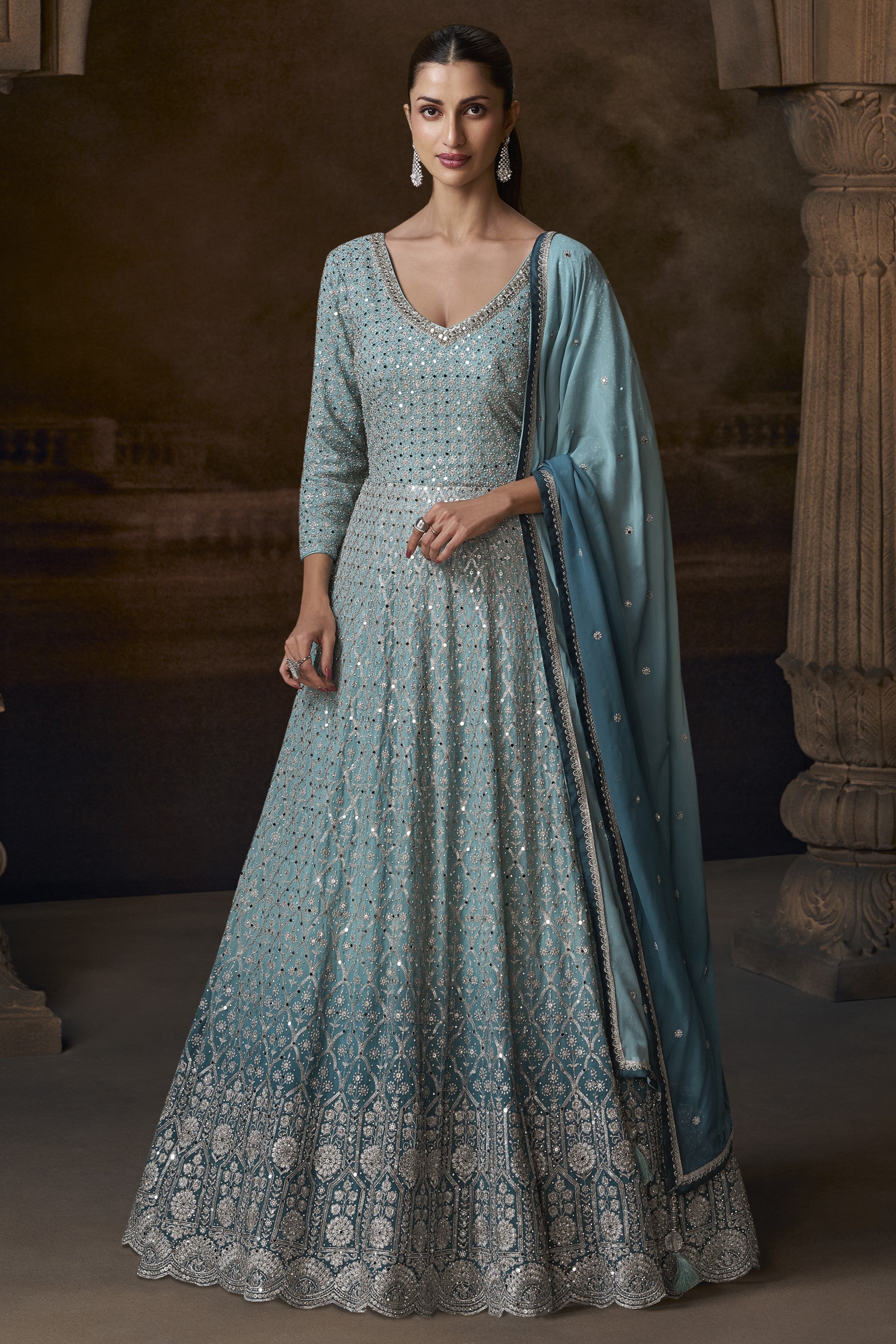 Light Blue Chinon Silk Anarkali Suit For Indian Festivals & Pakistani Weddings Dress - Embroidery Work