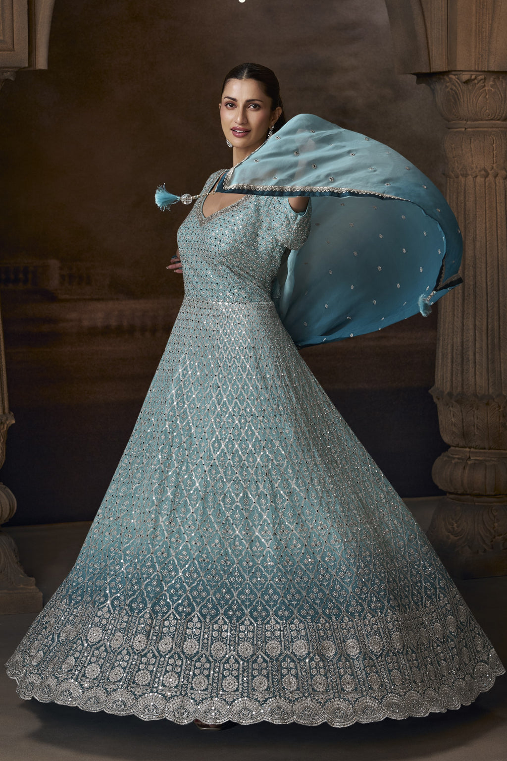 pastel blue indian dress open lace back dress Light Blue Chinon Silk Dual Color Indian Bridesmaid Gown for Party