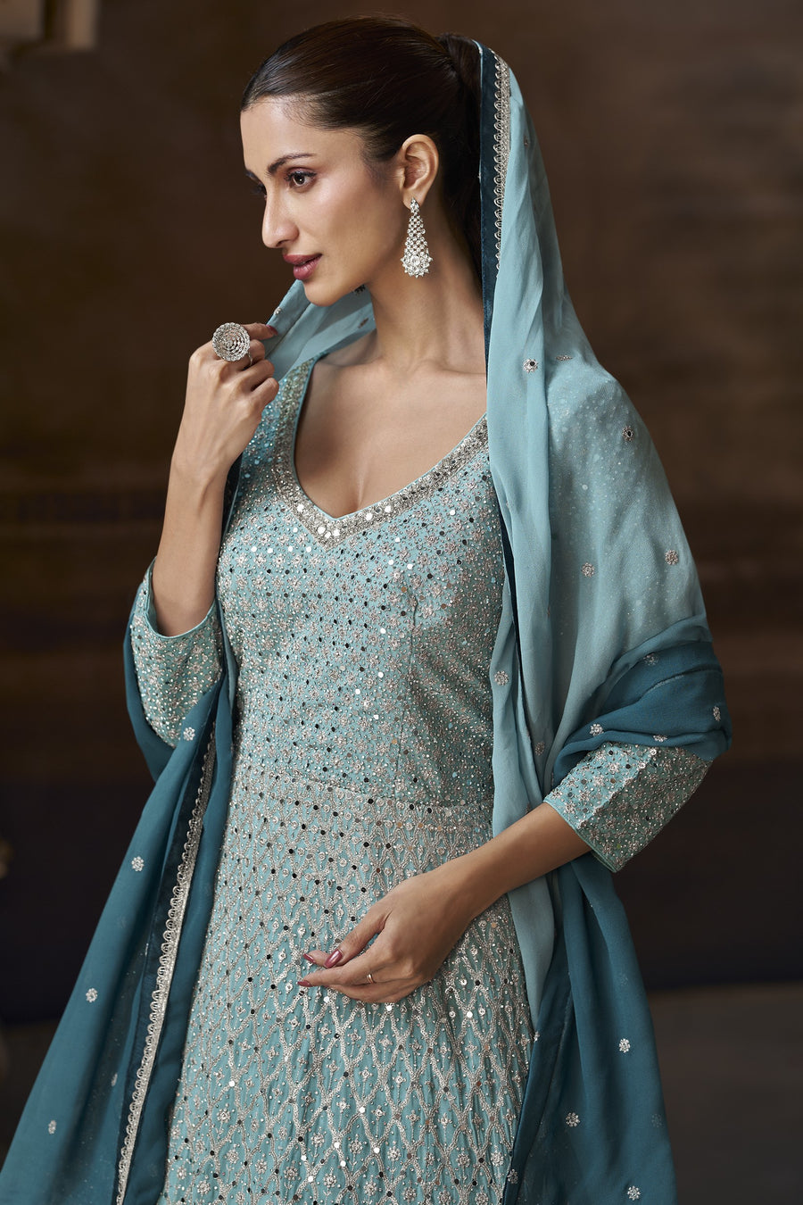 Light Blue Chinon Silk Dual Color Indian Bridesmaid Gown for Party - Embroidery Work 34 Light Blue Chinon Silk Dual Color Indian Bridesmaid Gown for Party - Embroidery Work 34