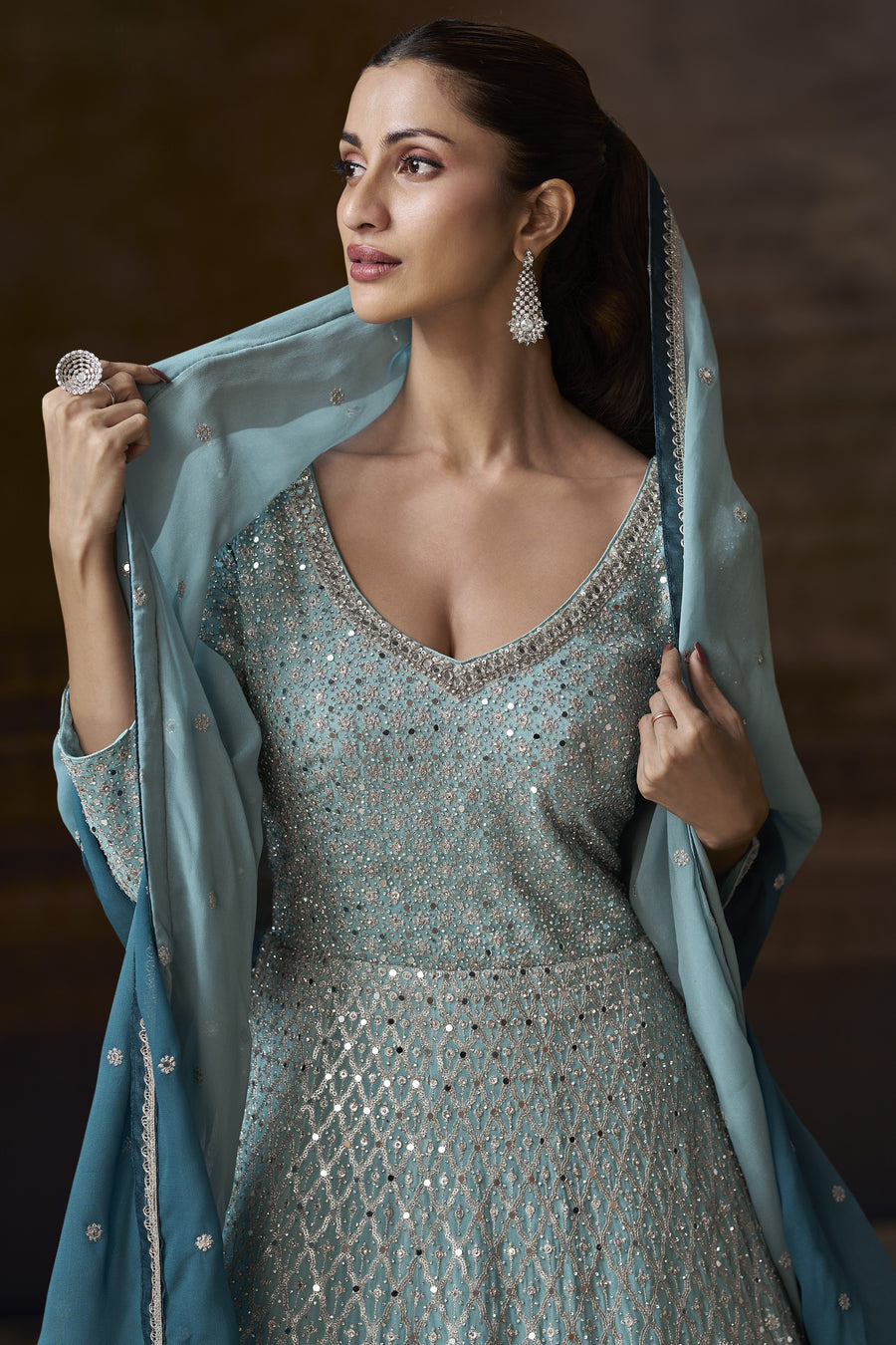 Light Blue Chinon Silk Anarkali Suit For Indian Festivals & Pakistani Weddings Dress - Embroidery Work