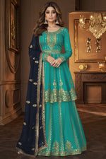 Light Blue Georgette Kameez with Skirt Suit For Indian Wedding & Festival - Sequence Embroidery Work