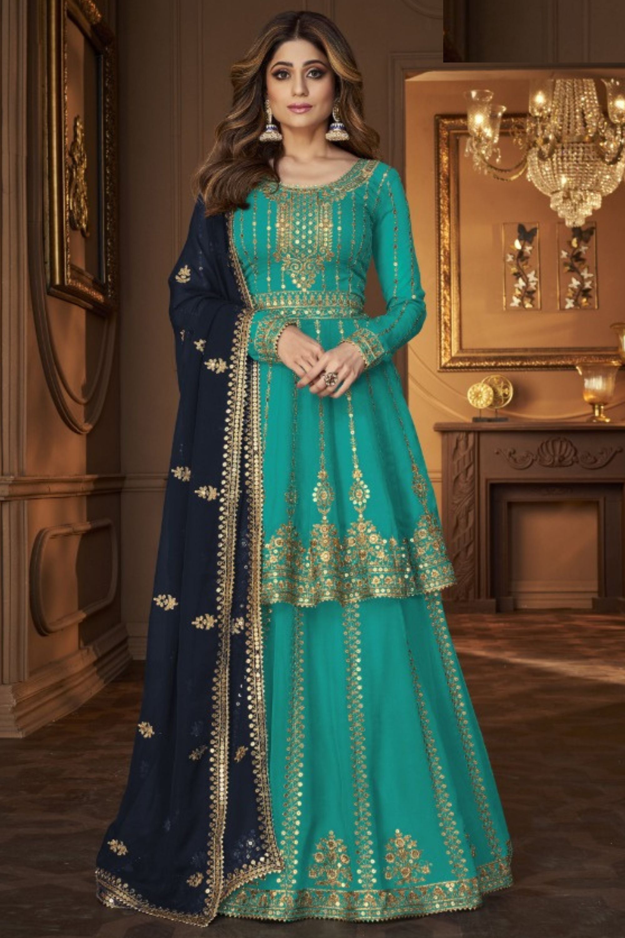 Light Blue Georgette Salwar Kameez Lengha Suit For Indian Wedding & Festival - Embroidery Sequence Work