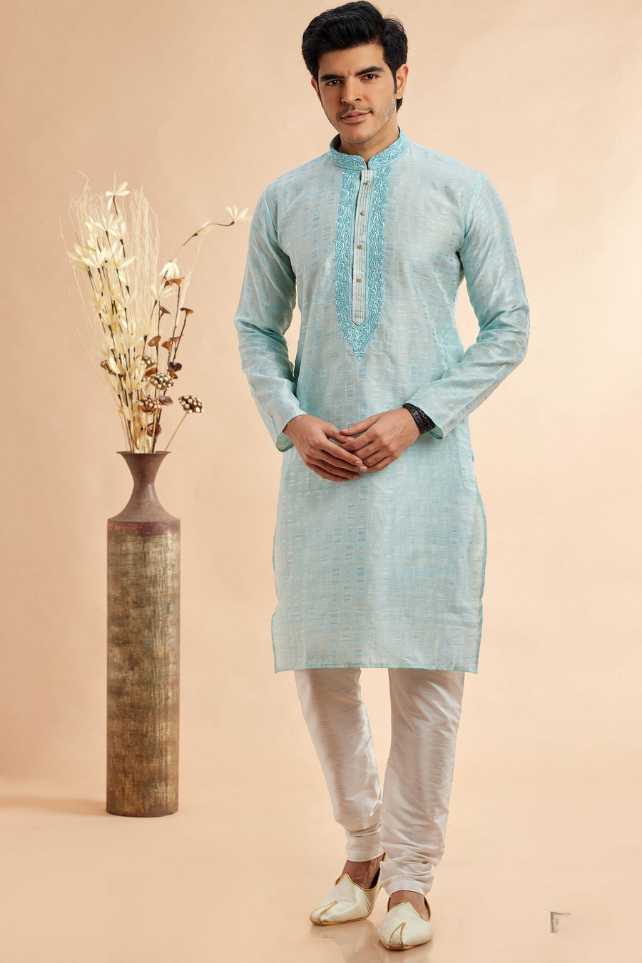 Light Blue Jacquard Silk Plain Straight Kurta Pajama for Men for Festival & Wedding - Embroidery Work