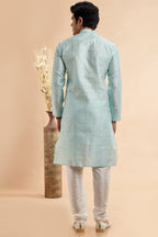 Light Blue Jacquard Silk Plain Straight Kurta Pajama for Men for Festival & Wedding - Embroidery Work