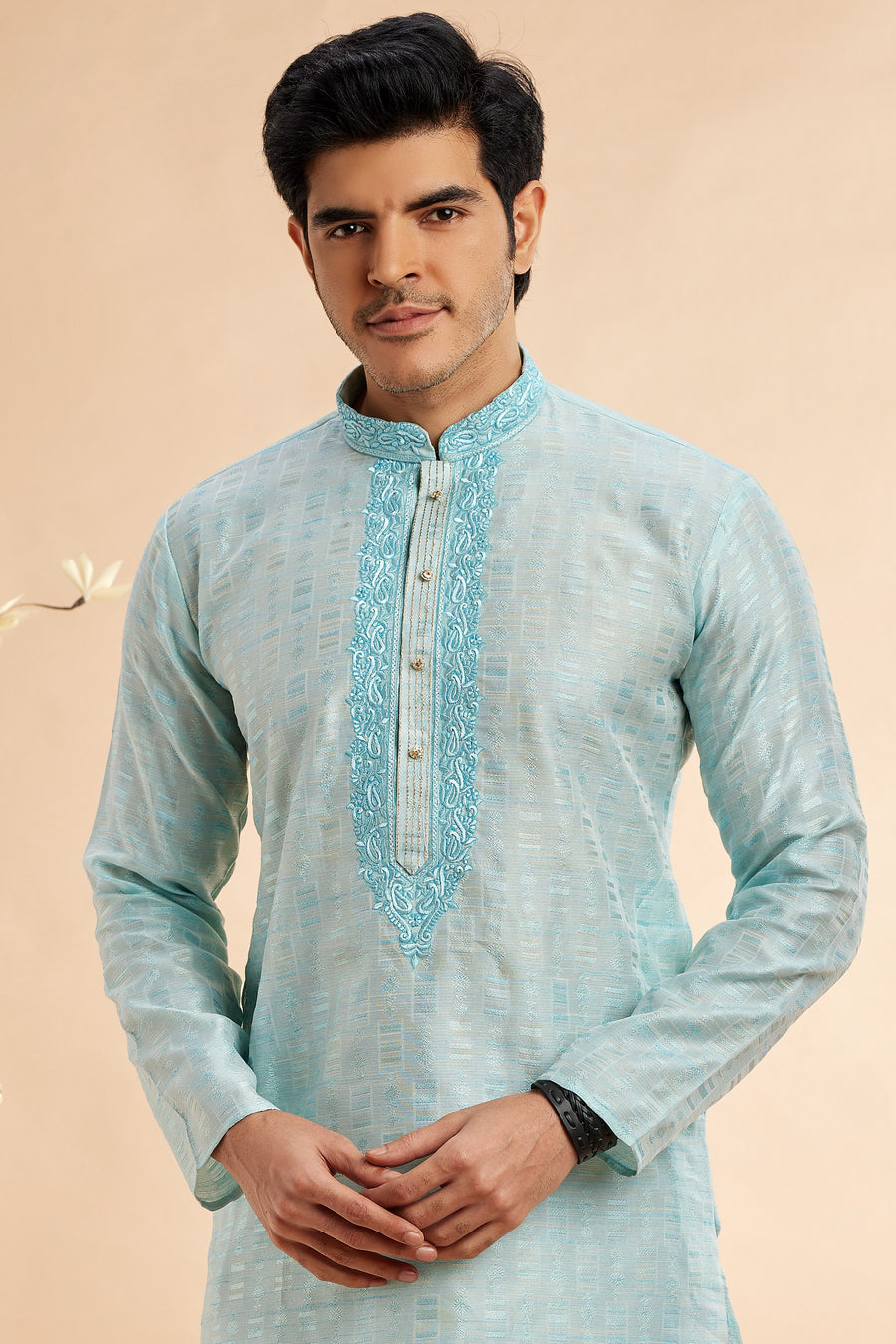 Light Blue Jacquard Silk Plain Straight Kurta Pajama for Men for Festival & Wedding - Embroidery Work
