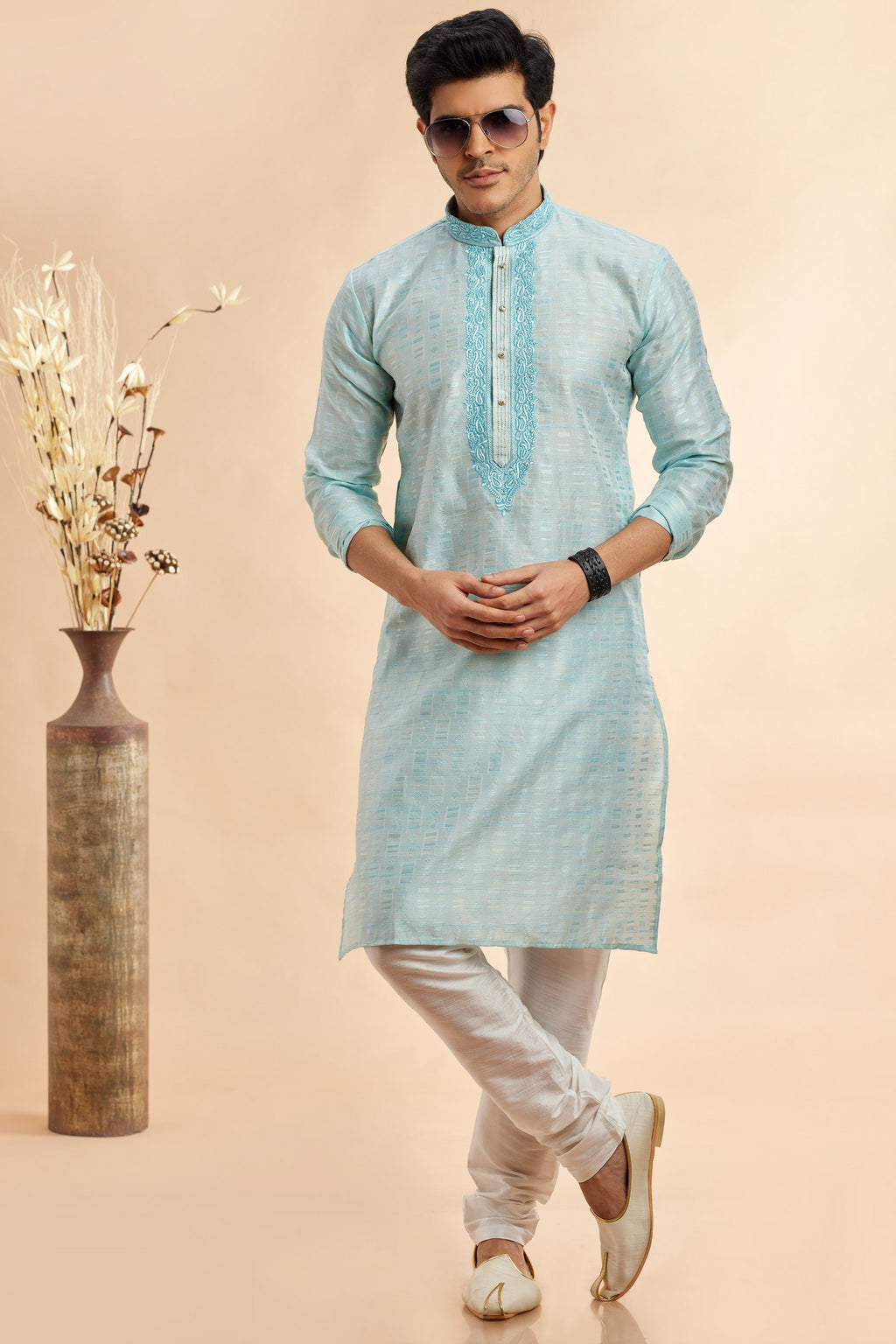 Light Blue Jacquard Silk Plain Straight Kurta Pajama for Men for Festival & Wedding - Embroidery Work