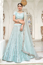 Light Blue Silk Lehenga Choli For Indian Festivals & Weddings - Embroidery Work, Mirror Work, Zari Work, Real Mirror Work, Zarkan Work