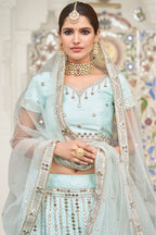 Light Blue Silk Lehenga Choli For Indian Festivals & Weddings - Embroidery Work, Mirror Work, Zari Work, Real Mirror Work, Zarkan Work