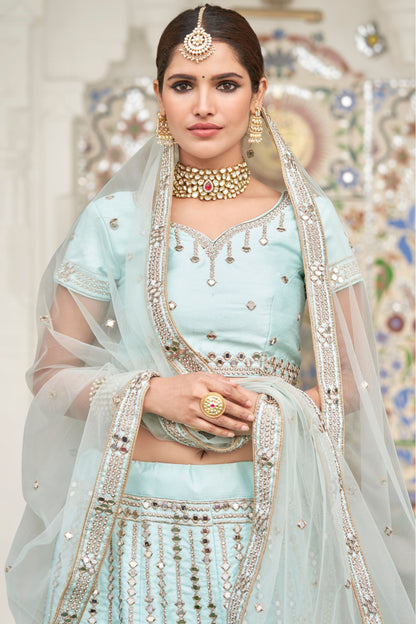 Light Blue Silk Lehenga Choli For Indian Festivals & Weddings - Embroidery Work, Mirror Work, Zari Work, Real Mirror Work, Zarkan Work