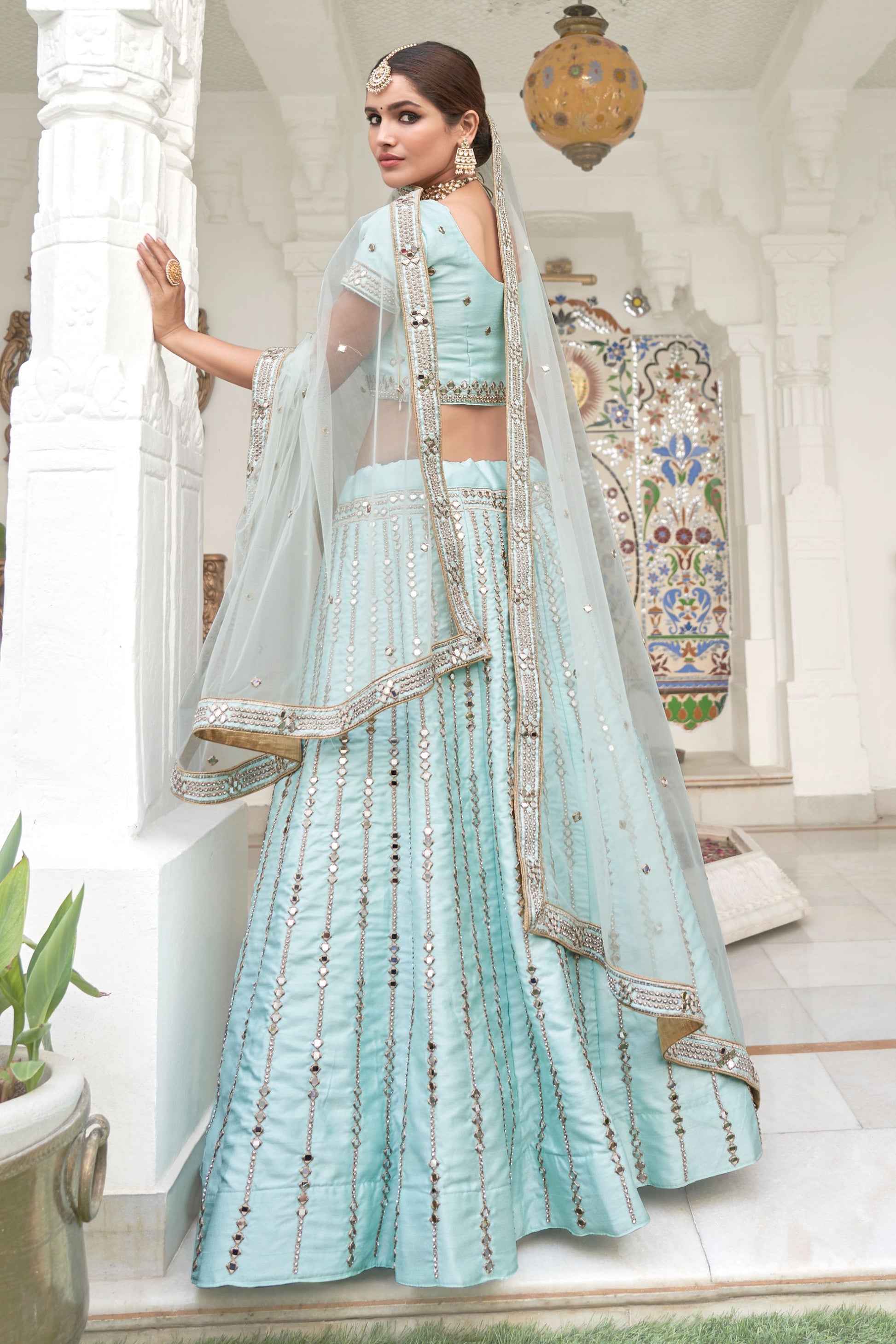 Light Blue Silk Lehenga Choli For Indian Festivals & Weddings - Embroidery Work, Mirror Work, Zari Work, Real Mirror Work, Zarkan Work