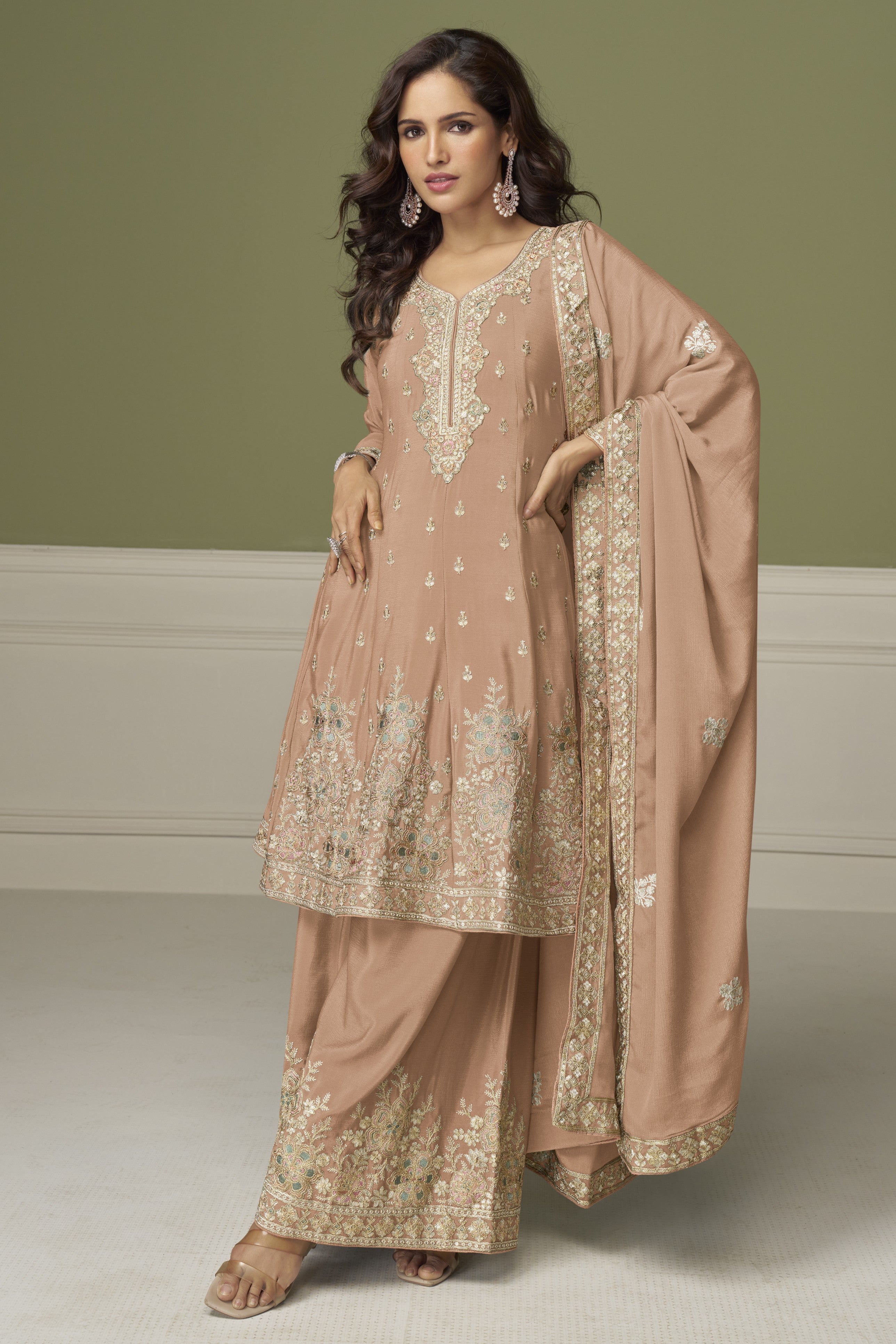 Light Brown Chinon Silk Plazo Suit For Indian & Pakistani Wedding Festival - Thread & Sequence Embroidery