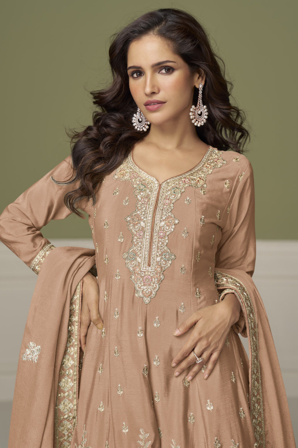 Light Brown Chinon Silk Plazo Suit For Indian & Pakistani Wedding Festival - Thread & Sequence Embroidery