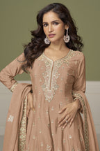 Light Brown Chinon Silk Plazo Suit For Indian & Pakistani Wedding Festival - Thread & Sequence Embroidery