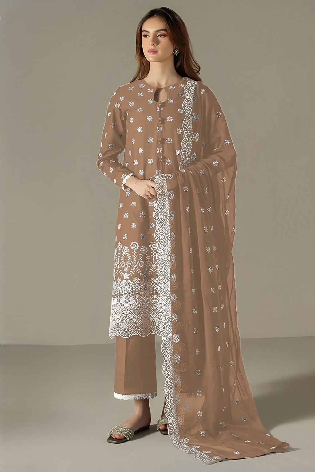 Light Brown Georgette Kameez With Pant For Indian & Pakistani Wedding Festival - Embroidery Work