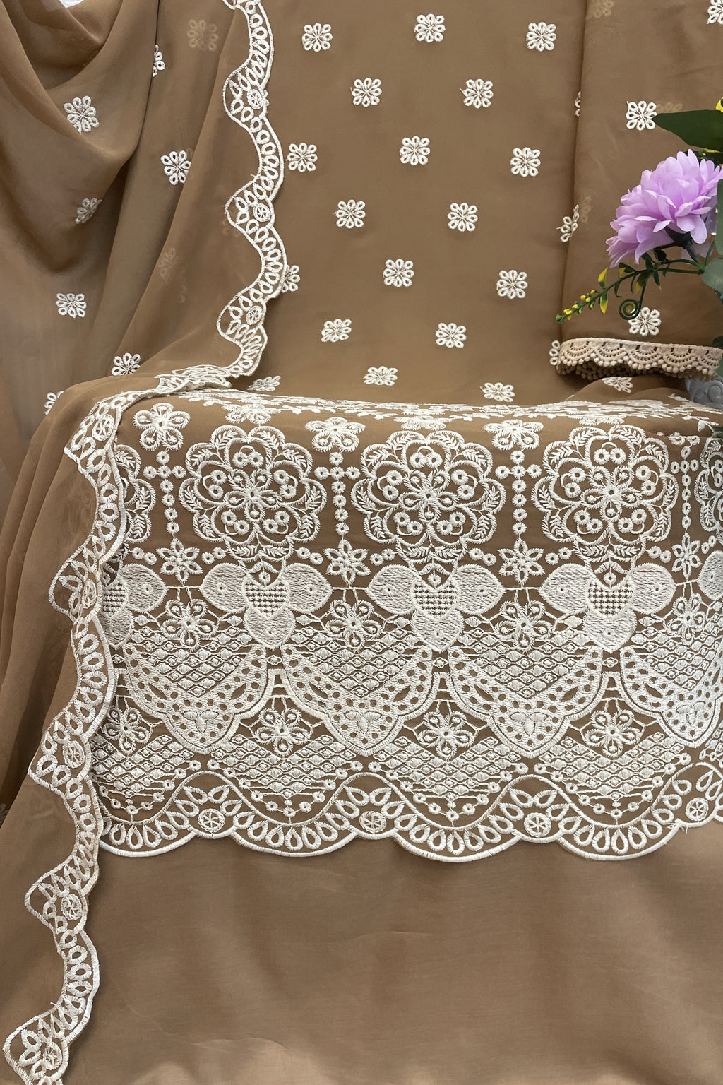 Light Brown Georgette Kameez With Pant For Indian & Pakistani Wedding Festival - Embroidery Work