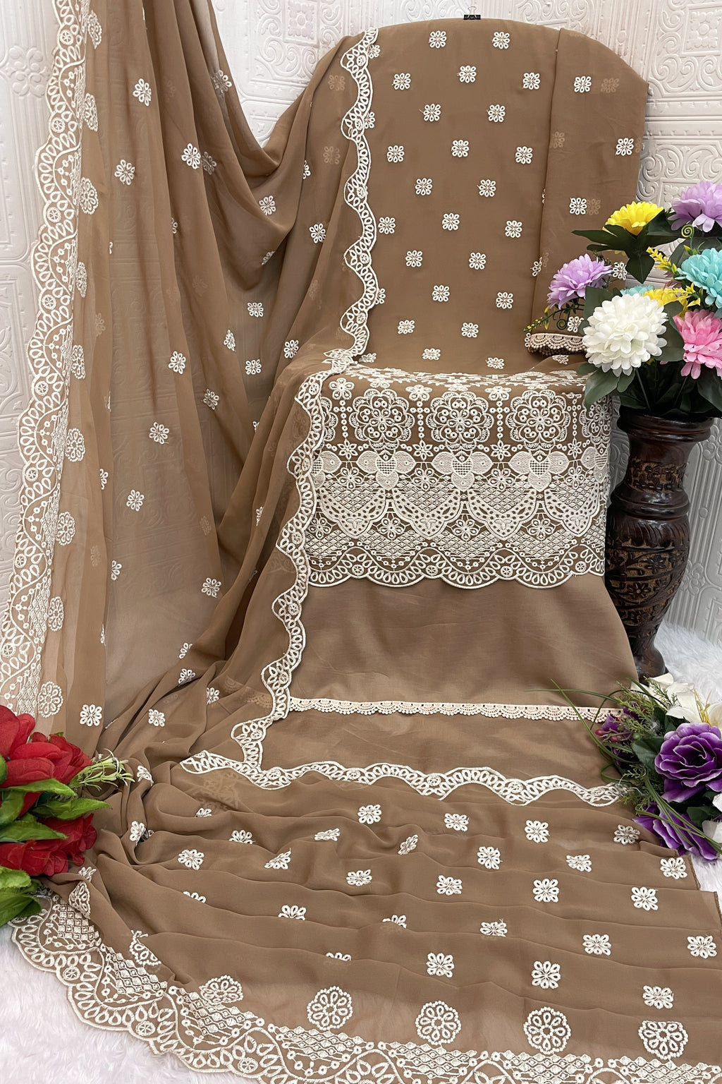 Light Brown Georgette Kameez With Pant For Indian & Pakistani Wedding Festival - Embroidery Work
