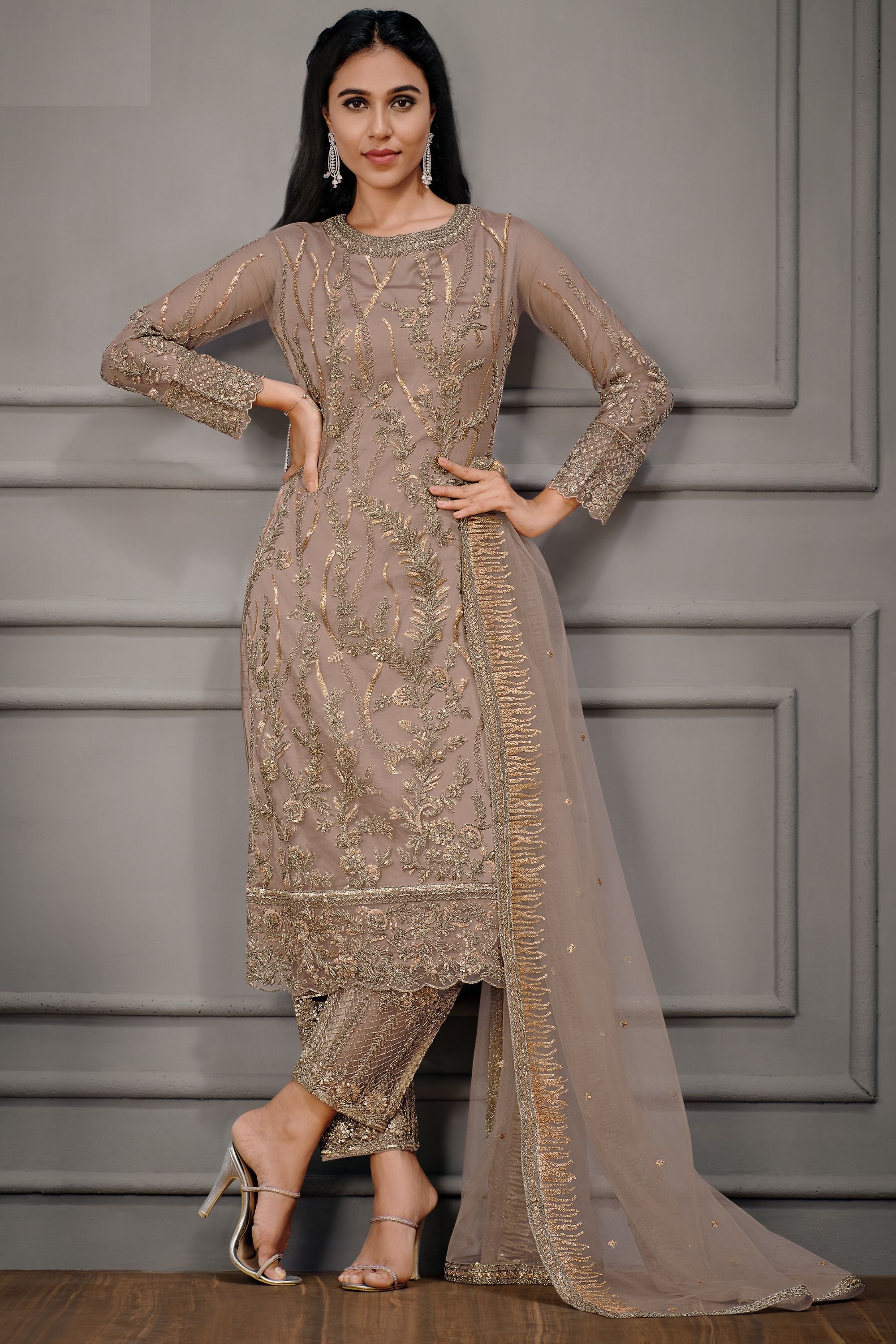 Shop Light Brown Net Long Kameez Suit with Pant Online Shopping For Girl & Women HATKE BRIDE Shop Light Brown Net Long Kameez Suit with Pant Online Shopping For Girl & Women HATKE BRIDE