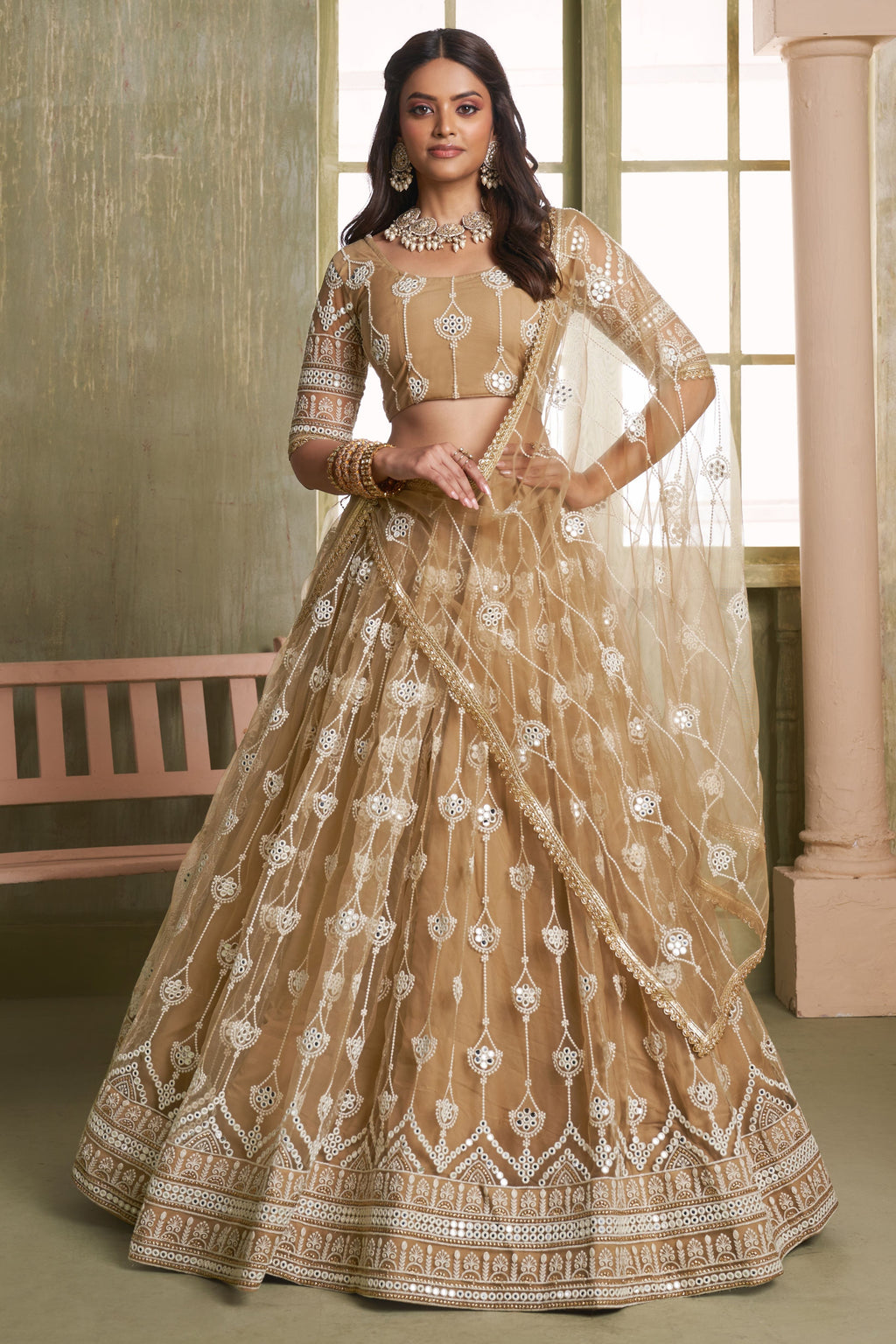 Light Brown Net Lehenga Choli For Indian & Pakistani Wedding Festival - Thread Embroidery Work, Sequence Embroidery Work
