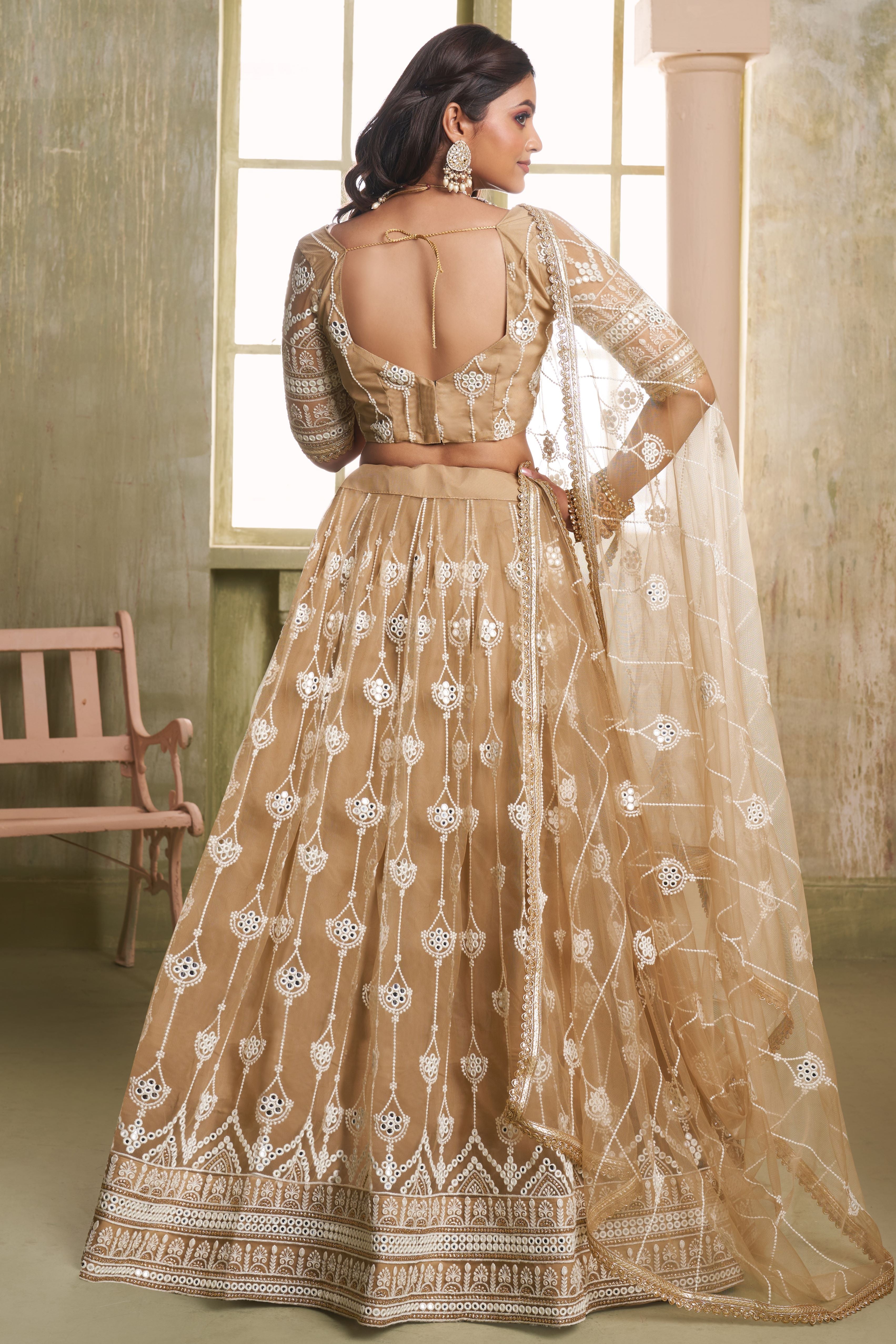 Light Brown Net Lehenga Choli For Indian & Pakistani Wedding Festival - Thread Embroidery Work, Sequence Embroidery Work