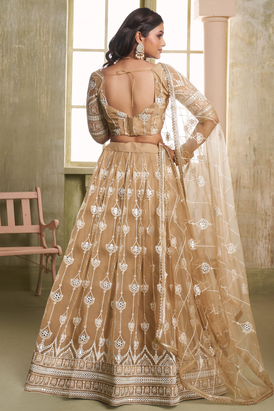 Light Brown Net Lehenga Choli For Indian & Pakistani Wedding Festival - Thread Embroidery Work, Sequence Embroidery Work