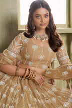 Light Brown Net Lehenga Choli For Indian & Pakistani Wedding Festival - Thread Embroidery Work, Sequence Embroidery Work