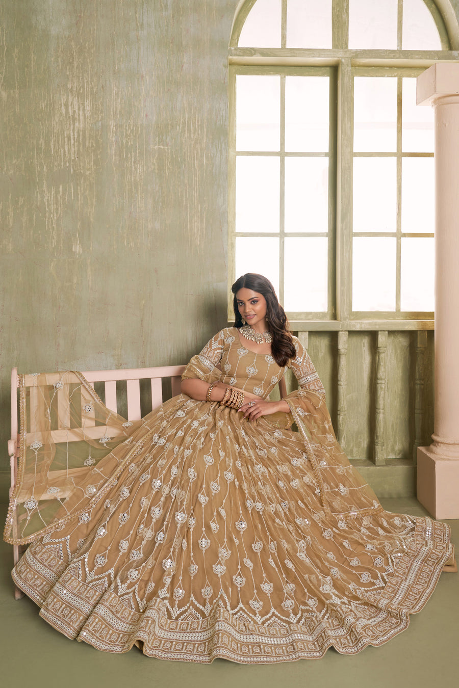 Light Brown Net Lehenga Choli For Indian & Pakistani Wedding Festival - Thread Embroidery Work, Sequence Embroidery Work