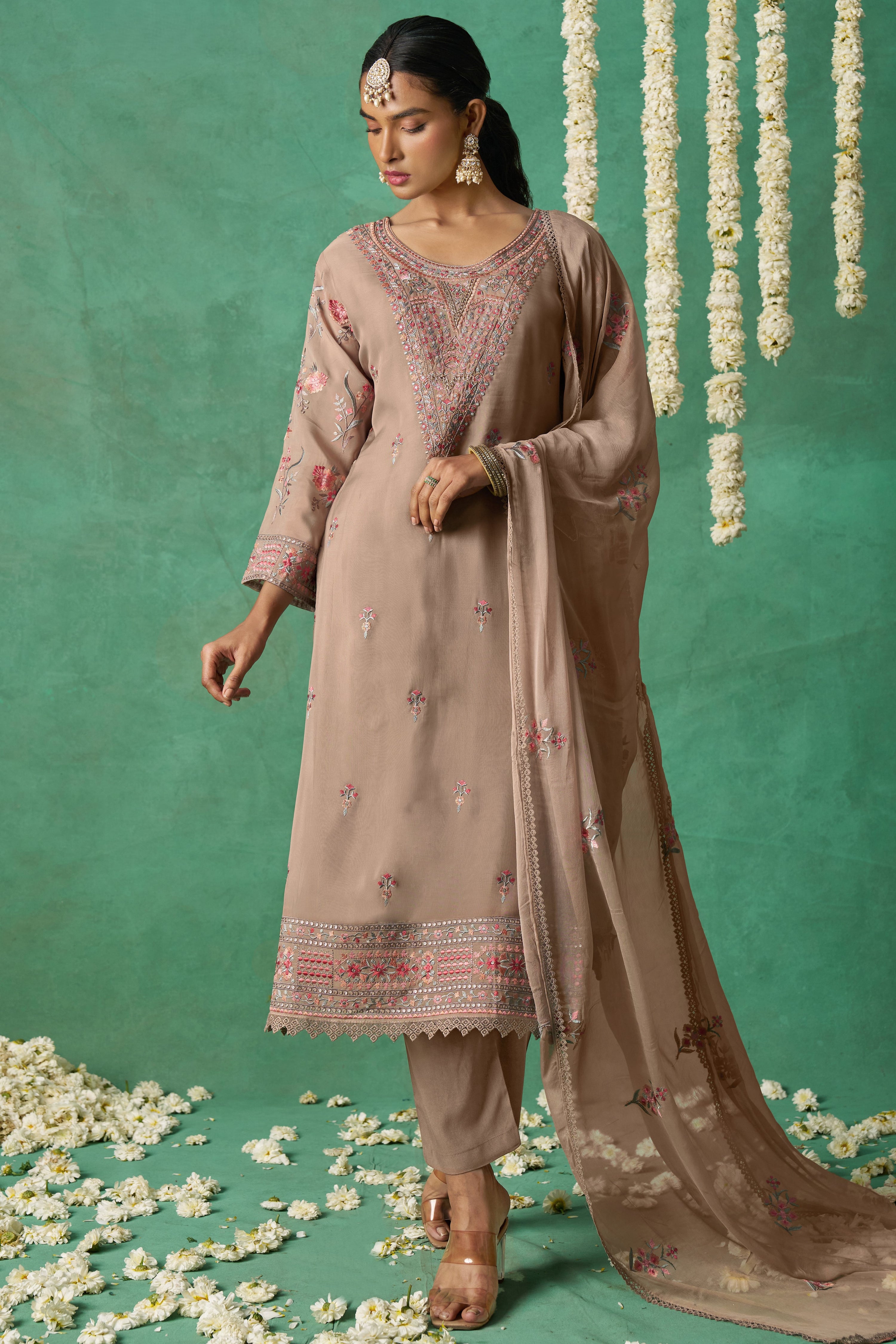 Dusty Rose Organza Kameez with Pant & Chiffon Dupatta For Ladies Indian Festivals & Weddings - Thread Embroidery Work