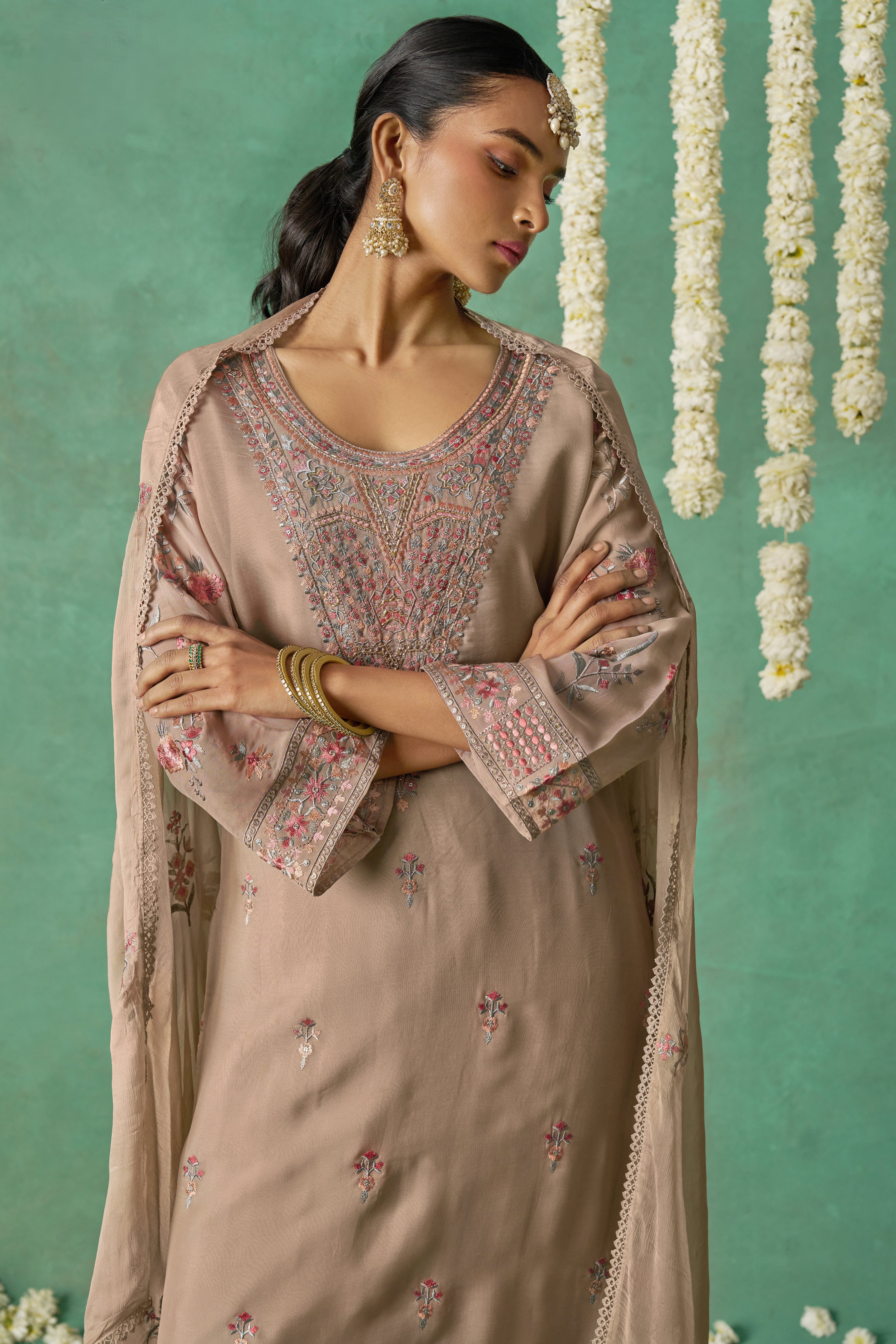 Dusty Rose Organza Kameez with Pant & Chiffon Dupatta For Ladies Indian Festivals & Weddings - Thread Embroidery Work