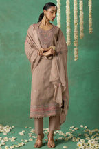 Dusty Rose Organza Kameez with Pant & Chiffon Dupatta For Ladies Indian Festivals & Weddings - Thread Embroidery Work