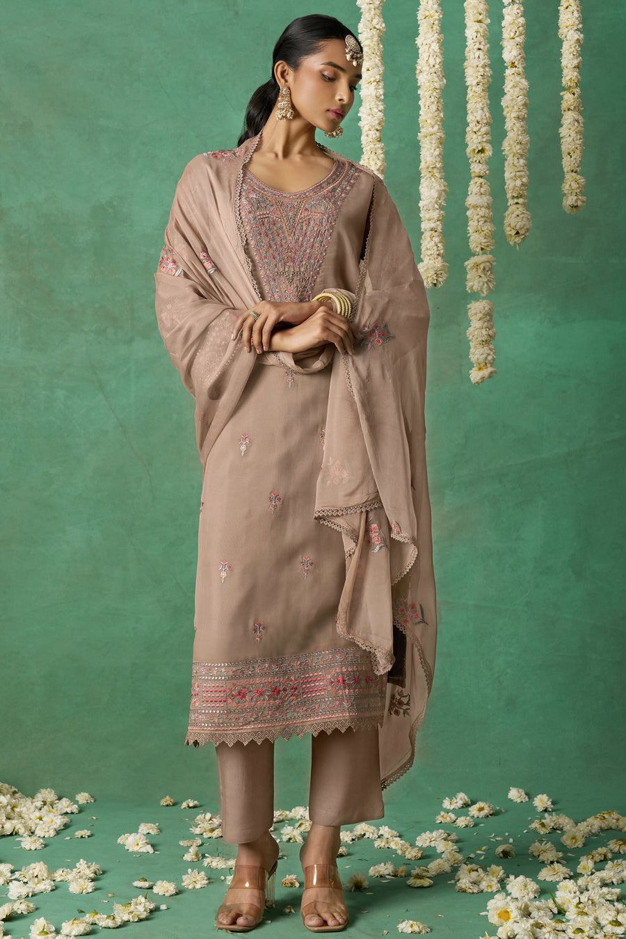 Dusty Rose Organza Kameez with Pant & Chiffon Dupatta For Ladies Indian Festivals & Weddings - Thread Embroidery Work