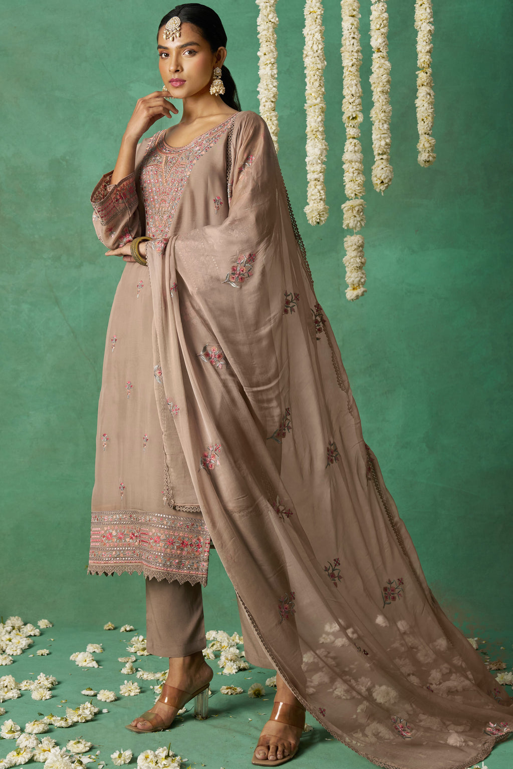 Dusty Rose Organza Kameez with Pant & Chiffon Dupatta For Ladies Indian Festivals & Weddings - Thread Embroidery Work
