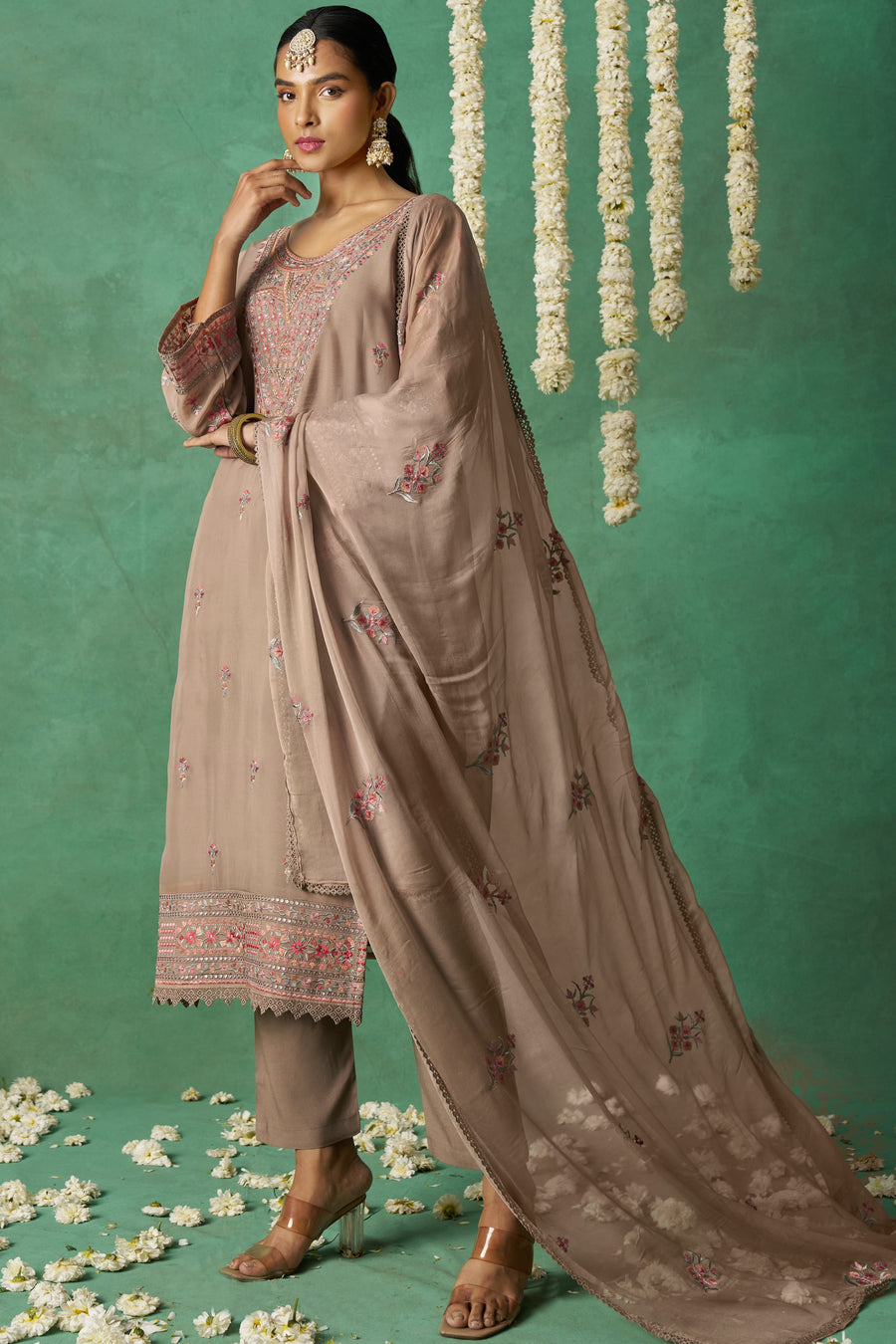 Dusty Rose Organza Kameez with Pant & Chiffon Dupatta For Ladies Indian Festivals & Weddings - Thread Embroidery Work
