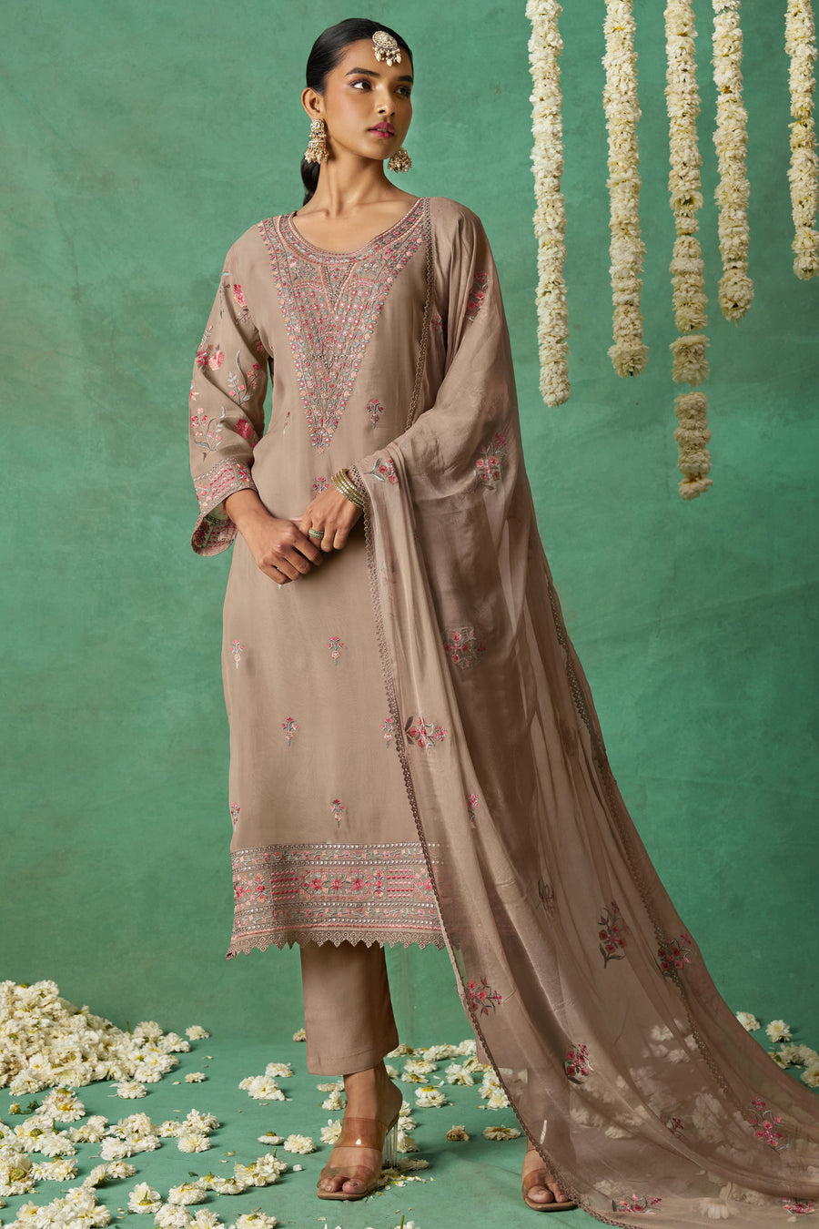 Dusty Rose Organza Kameez with Pant & Chiffon Dupatta For Ladies Indian Festivals & Weddings - Thread Embroidery Work